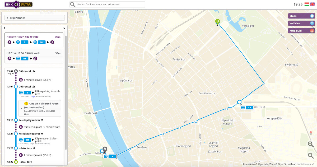 Маршрут общественного транспорта в Будапеште к городскому парку и площади Героев